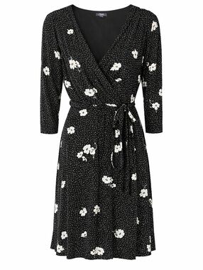 Chaps Black Floral Wrap Dress Polka Dot Tie Waist Womens Medium